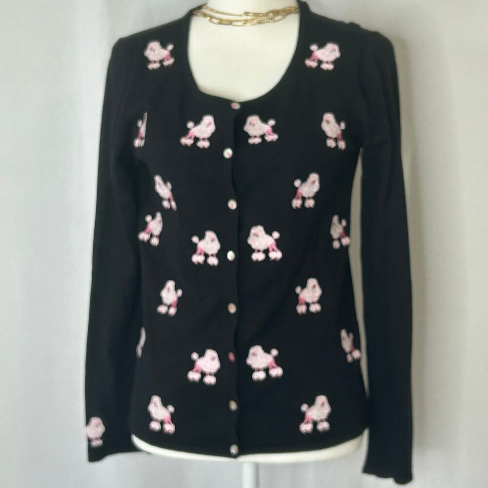 Erin Mathews Black Poodle Cardigan Embroidered Novelty Sweater Y2K Small grandma